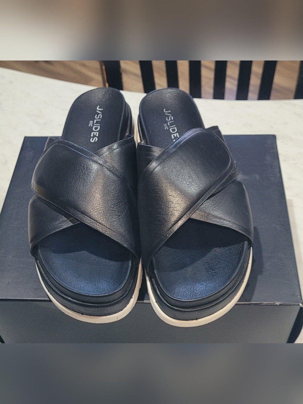 J/Slides Black Crisscross Slide Sandals - Women's